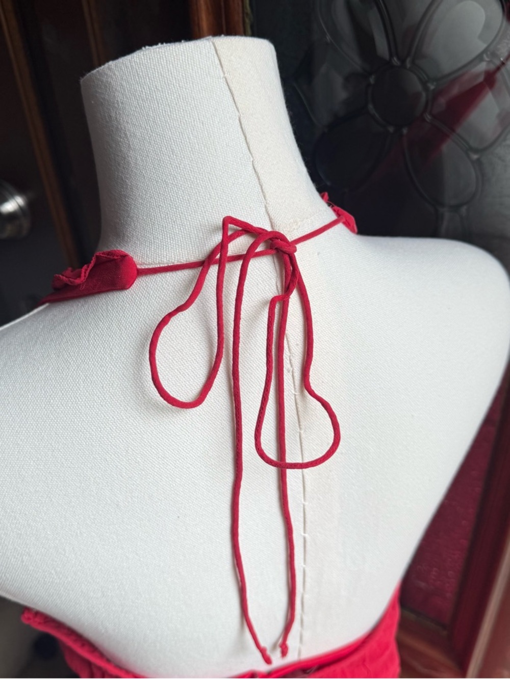 Red Silk Halter Ruffle Midi Dress - Picture 5 of 6
